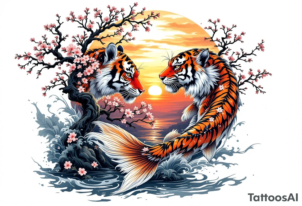 Koi fish, tiger, and cherry blossom tree, beautiful sunset in background tattoo idea