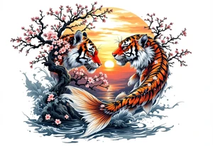 Koi fish, tiger, and cherry blossom tree, beautiful sunset in background tattoo idea