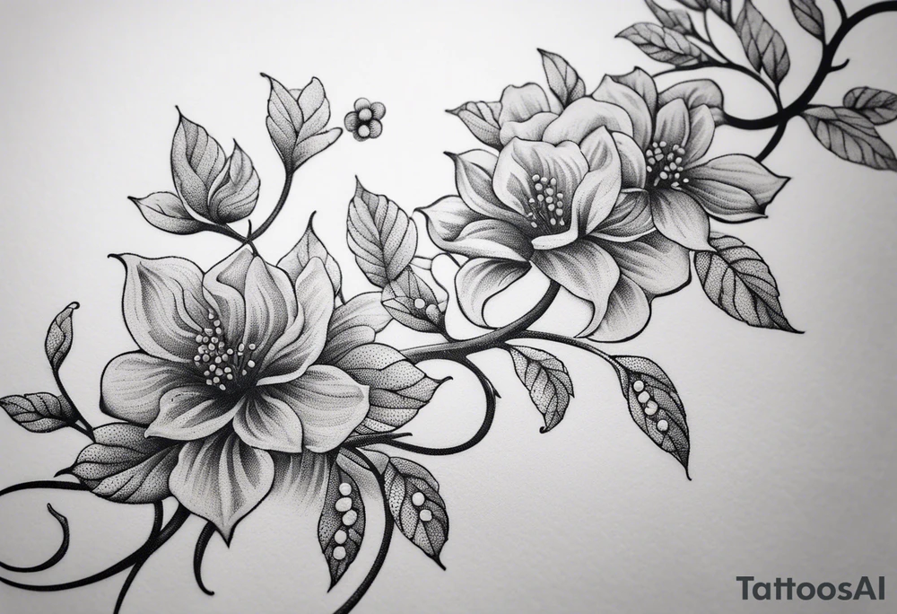 Create a delicate line art tattoo of intertwined vines and small blossoms, emphasizing elegance and simplicity. tattoo idea