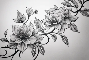 Create a delicate line art tattoo of intertwined vines and small blossoms, emphasizing elegance and simplicity. tattoo idea