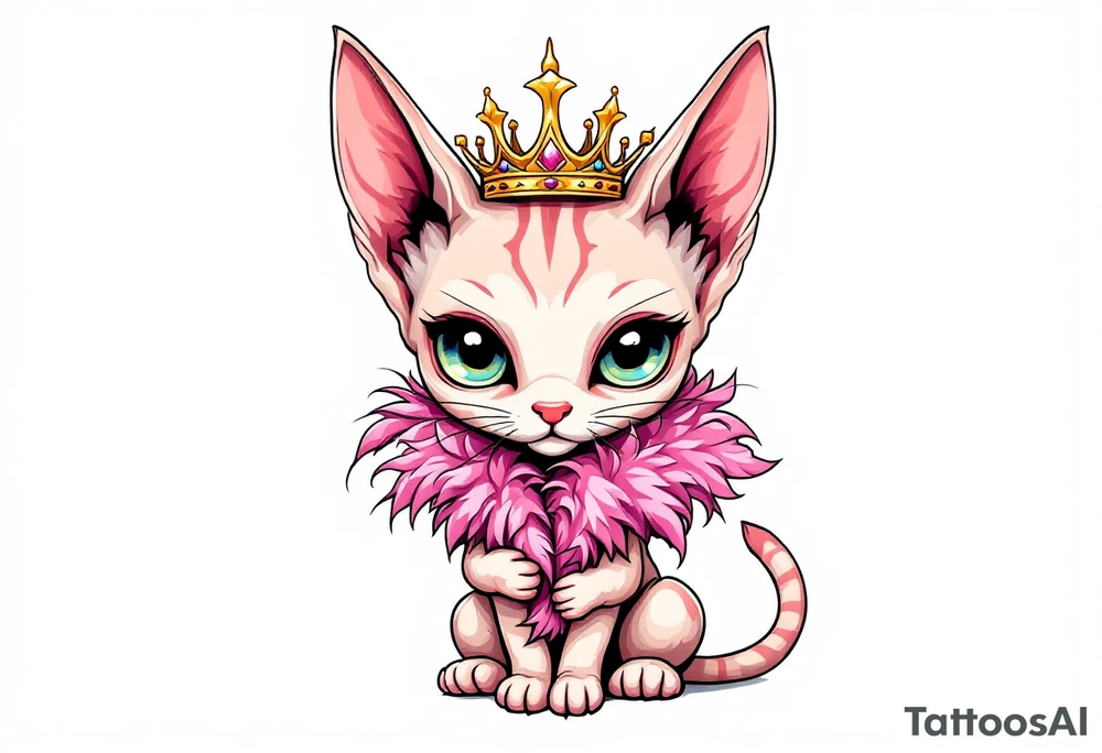 Chibi new school Glamorous sphinx cat holding 
pink feather boa and wearing a crown tattoo idea