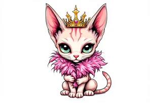 Chibi new school Glamorous sphinx cat holding 
pink feather boa and wearing a crown tattoo idea