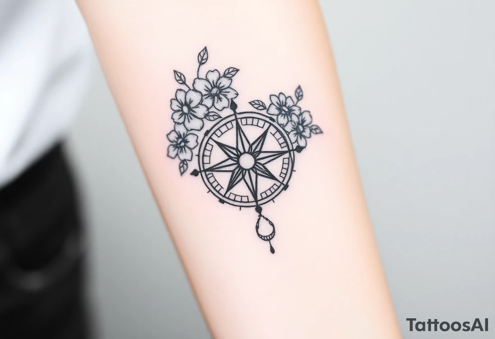 Compass with cursive letters with flowers flowing above and below tattoo idea