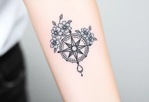 Compass with cursive letters with flowers flowing above and below tattoo idea