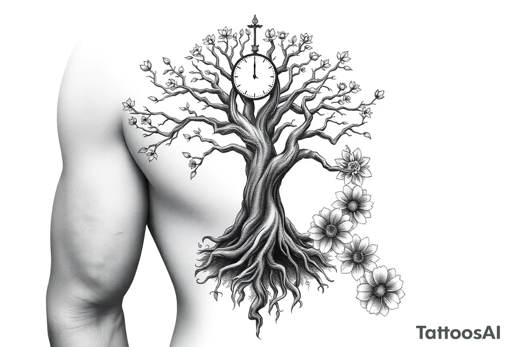 tree of life with cosmic roots and celestial branches, clock, flowers, tattoo idea