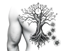 tree of life with cosmic roots and celestial branches, clock, flowers, tattoo idea