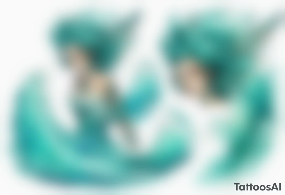 a beautiful turquoise harpie emerging from an ocean wave, crashing onto the shore tattoo idea