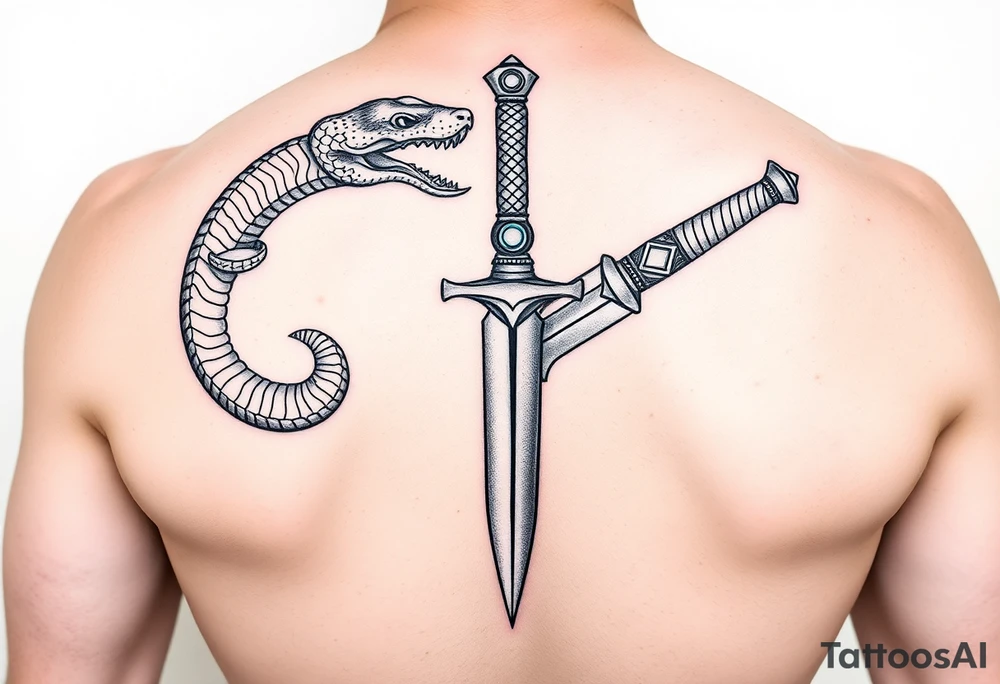 mystical snake coiled around an ancient dagger with jeweled hilt tattoo idea