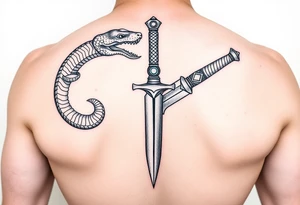 mystical snake coiled around an ancient dagger with jeweled hilt tattoo idea