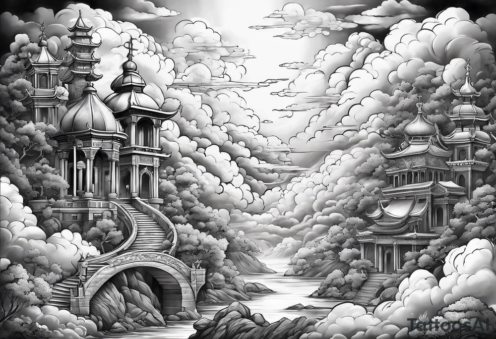 Religious sleeve clouds heaven tattoo idea