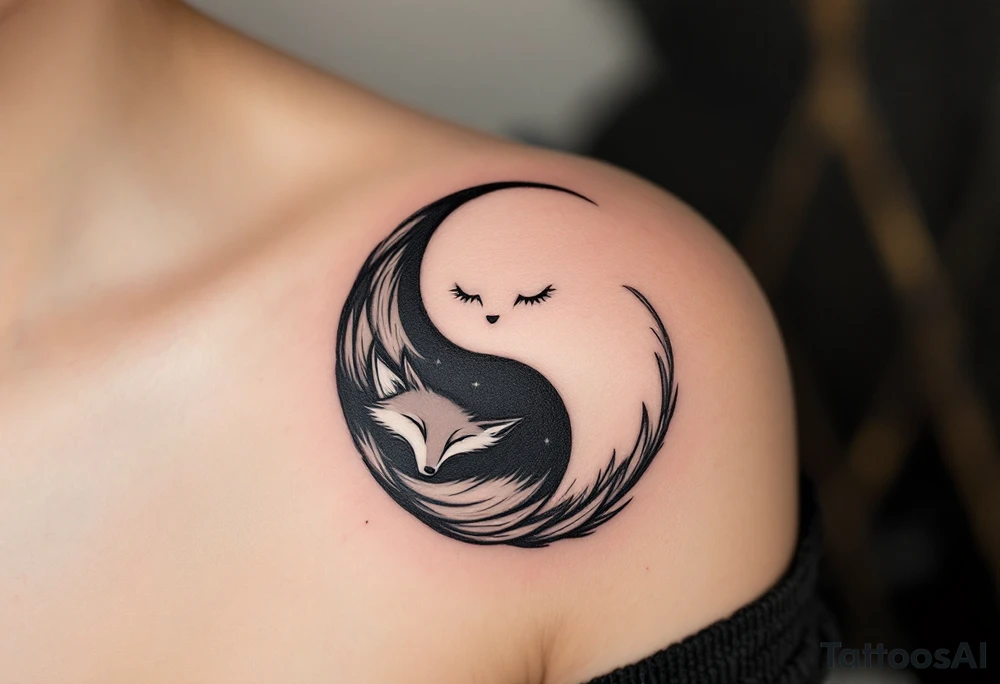 A black and white yin-yang formed by curled foxes on both partners shoulder blade. tattoo idea