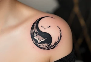 A black and white yin-yang formed by curled foxes on both partners shoulder blade. tattoo idea