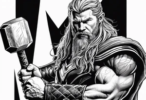 Thor mit Hammer in der Hand und kämpft tattoo idea