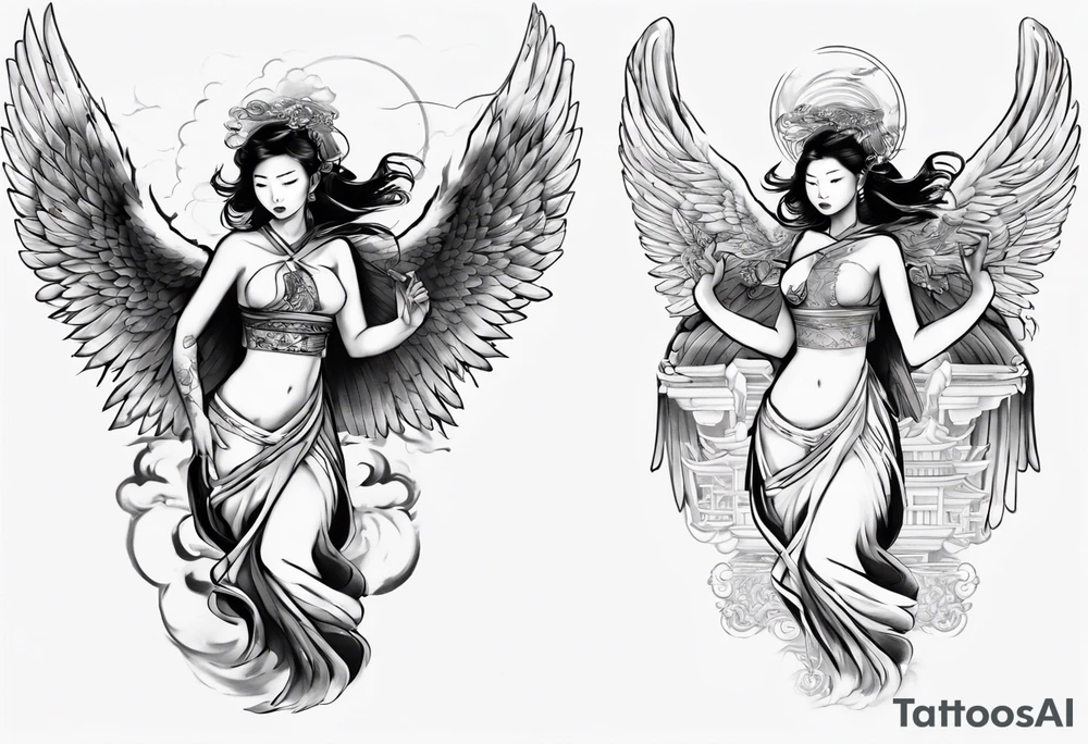 Asian angel on a balcony tattoo idea