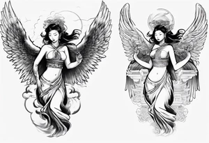 Asian angel on a balcony tattoo idea
