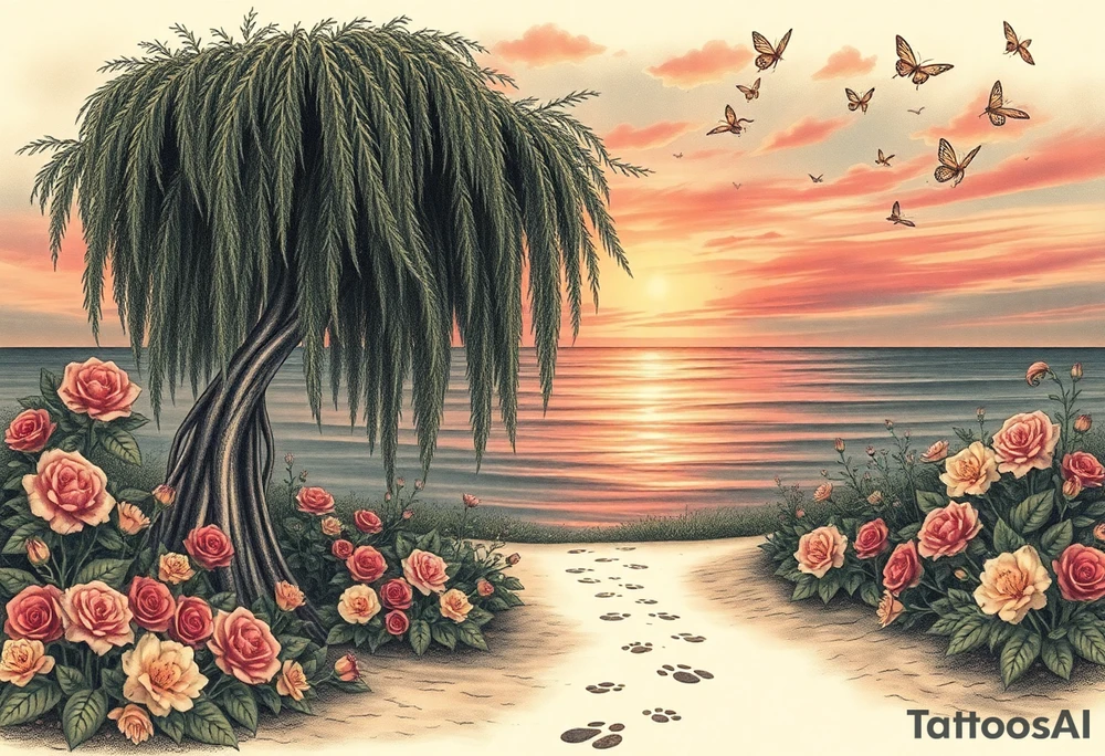 Sunset galaxy. Ocean.  weeping willow garden with roses and lilies flower beds, fairies, mermiads, dragons butterflies,  cat paw prints path in dirt. tattoo idea