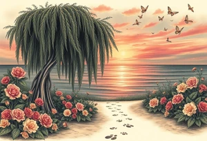 Sunset galaxy. Ocean.  weeping willow garden with roses and lilies flower beds, fairies, mermiads, dragons butterflies,  cat paw prints path in dirt. tattoo idea