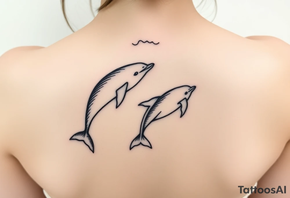 Two Dolphins swimming on spine with small line work on top and bottom that looks like waves tattoo idea