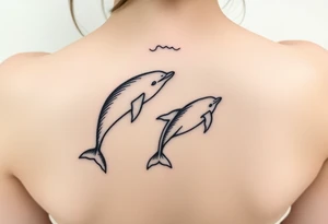 Two Dolphins swimming on spine with small line work on top and bottom that looks like waves tattoo idea