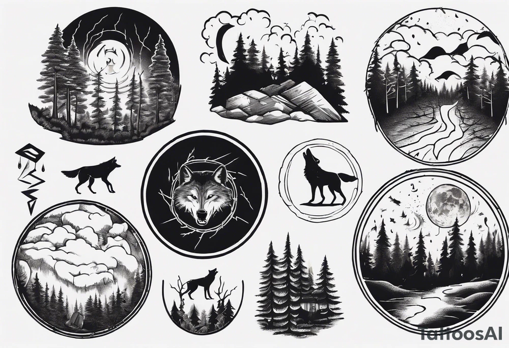 a thunder and lightning storm over a forest with a distant wolf howling and a drum circle tattoo idea a thunder and lightning storm over a forest with a distant wolf howling and a drum circle tattoo idea