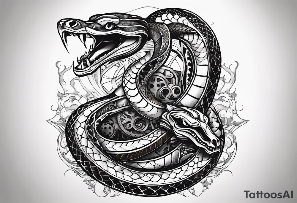 Aggresive Snake with a sword, this design must be in a vertical vertical proportion. Additionaly the desing must be "Steampunk" type tattoo idea