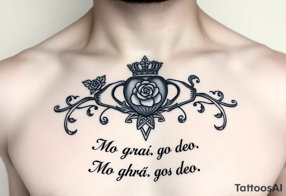 Claddagh placed on a man’s chest. The bake Michelle and Irish rose with Celtic knot incorporated into the design. Flour de lit. Mo ghrá go deo written at the very bottom. tattoo idea