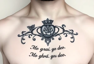 Claddagh placed on a man’s chest. The bake Michelle and Irish rose with Celtic knot incorporated into the design. Flour de lit. Mo ghrá go deo written at the very bottom. tattoo idea