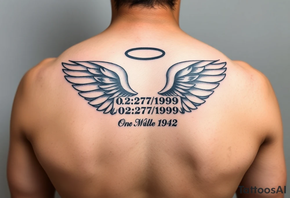 “Damontae 02/27/1992 and under that Willie Mae 06/10/1942” inside a pair of wings with a halo on top of the names and wings on my forearm tattoo idea