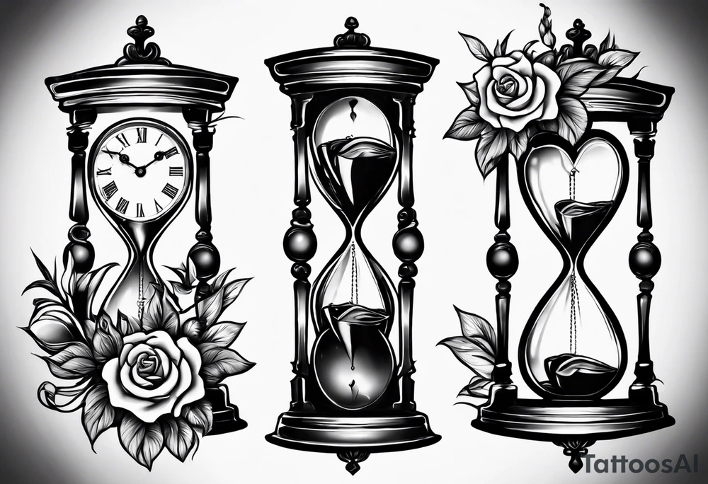 Hour glass and flowers and a heart clock tattoo idea