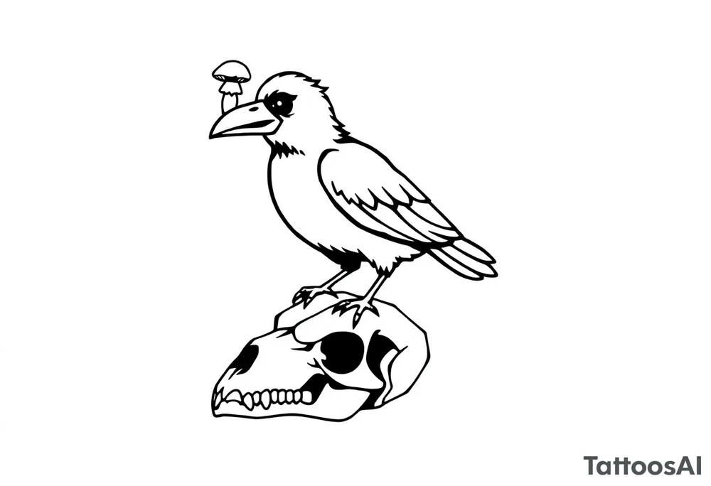 Crow with mushroom in its beak, standing on an animal skull tattoo idea