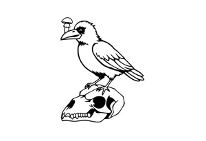 Crow with mushroom in its beak, standing on an animal skull tattoo idea