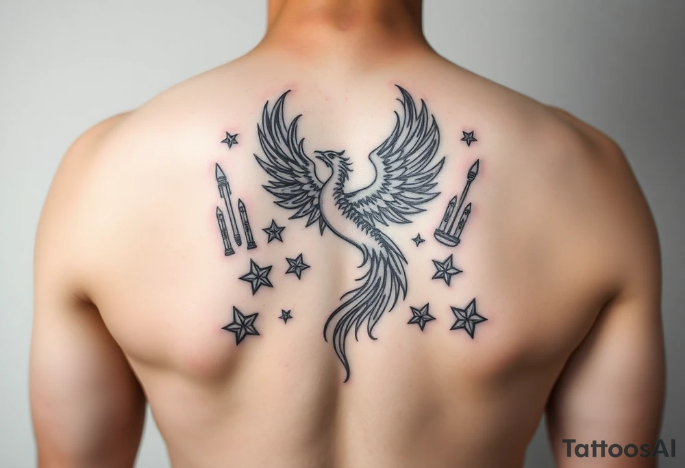 Phoenix rising from flames, surrounded by ninja stars and ballistic missiles, semicolon integrated into the design, fine line black ink, minimalist but dramatic but dainty tattoo idea