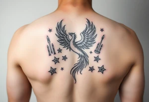 Phoenix rising from flames, surrounded by ninja stars and ballistic missiles, semicolon integrated into the design, fine line black ink, minimalist but dramatic but dainty tattoo idea