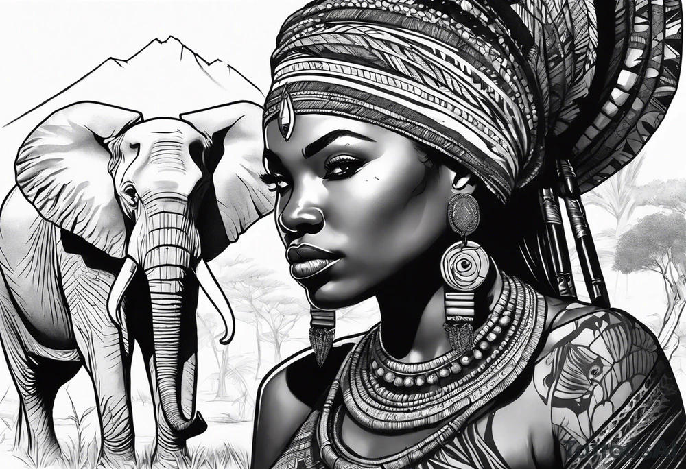 African woman warrior holding spear with earrings. Tribe marks on her face and trees,brids and elephants in the background tattoo idea