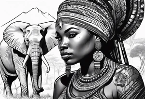 African woman warrior holding spear with earrings. Tribe marks on her face and trees,brids and elephants in the background tattoo idea