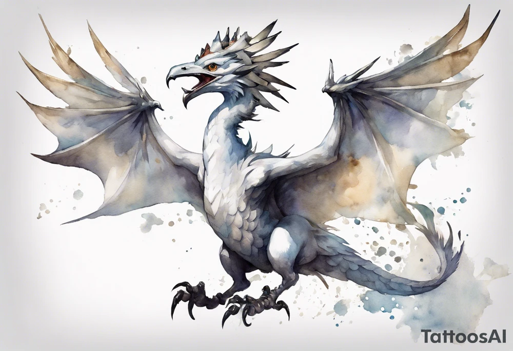 a white bird-wyvern hybrid, wearing a pewter crown on its head, flying in the air tattoo idea