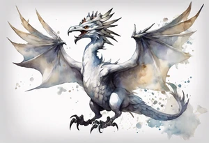 a white bird-wyvern hybrid, wearing a pewter crown on its head, flying in the air tattoo idea