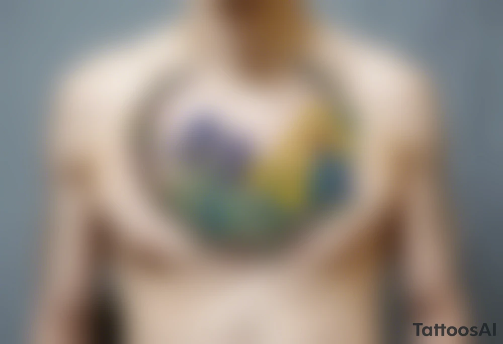 Create a small, colorful Vincent van Gogh Irises tattoo in the form of a crescent, with vines gracefully intertwining at a central point in the middle of the wreath. The intended placement is on the upper chest. The middle needs mountains. The overall design should be small in size while maintaining a delicate and artistic aesthetic. Pay attention to the graceful flow of the vines and the placement of the irises to achieve a refined and elegant look. tattoo idea
