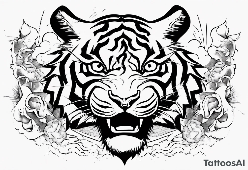 Ancient tiger with lightning and a sun for a forearm sleeve. With patterns surrounding it tattoo idea