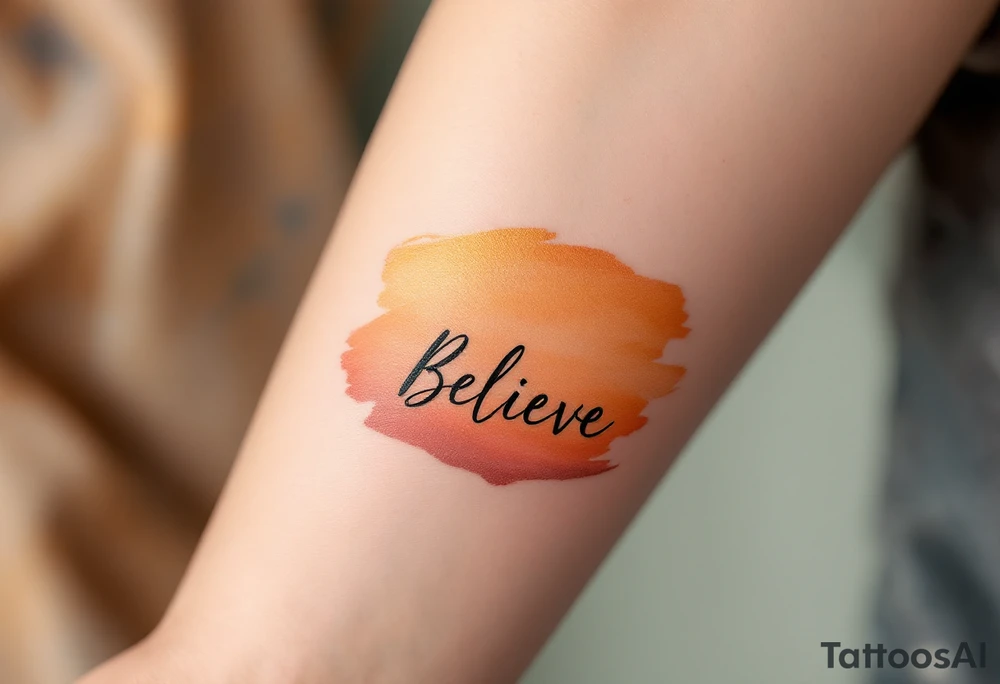 "Believe" in a brushstroke of gold with a faded sunset orange gradient in the background, capturing optimism and a bright future. tattoo idea