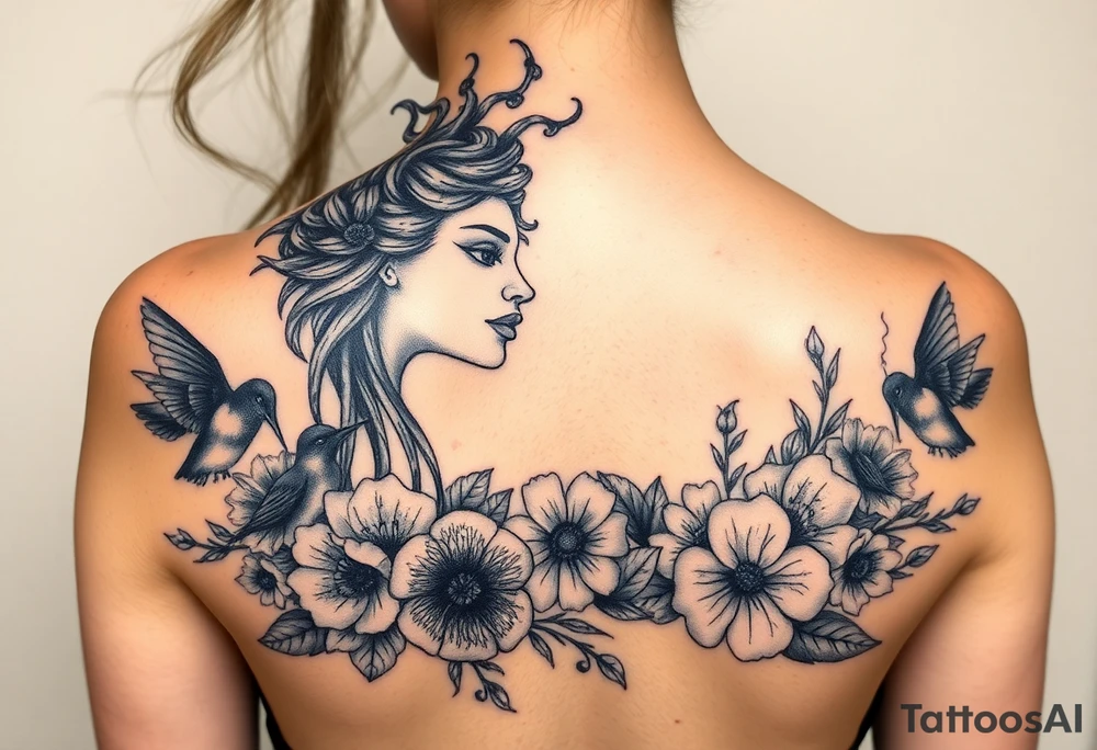 feminine medusa surrounded by hummingbirds and flowers tattoo idea