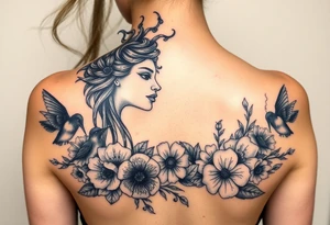feminine medusa surrounded by hummingbirds and flowers tattoo idea