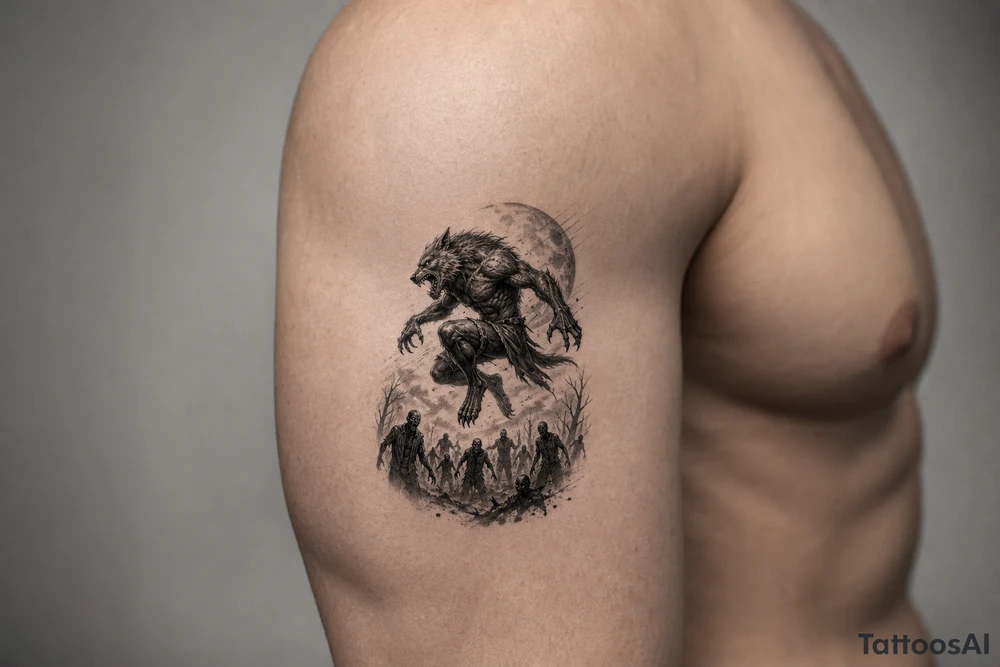 Dynamic silhouette of a werewolf jumping, with a distant zombie horde below. tattoo idea