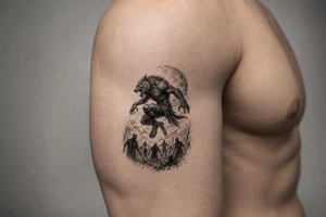 Dynamic silhouette of a werewolf jumping, with a distant zombie horde below. tattoo idea