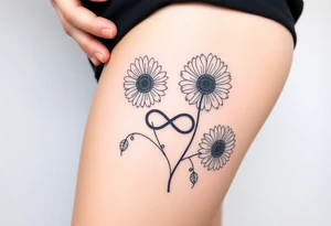 Fine line flower tattoo with gerbera daisies and infinity symbol tattoo idea