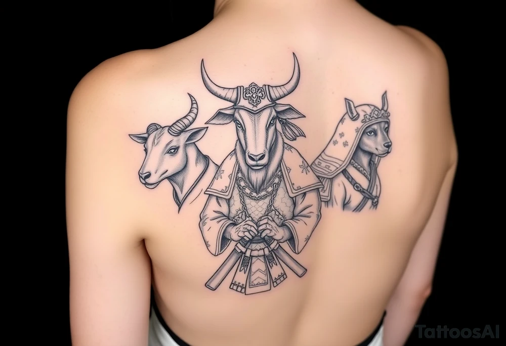 Goat, ox, and dog dressed up as samurai warriors tattoo idea