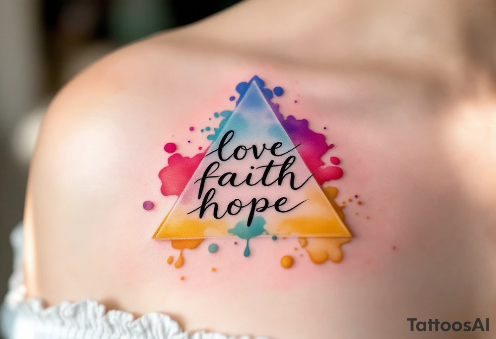 Words love faith hope arranged in a triangle, each corner marked with a watercolor splash—rose red, ocean blue, and golden yellow. tattoo idea