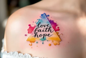 Words love faith hope arranged in a triangle, each corner marked with a watercolor splash—rose red, ocean blue, and golden yellow. tattoo idea