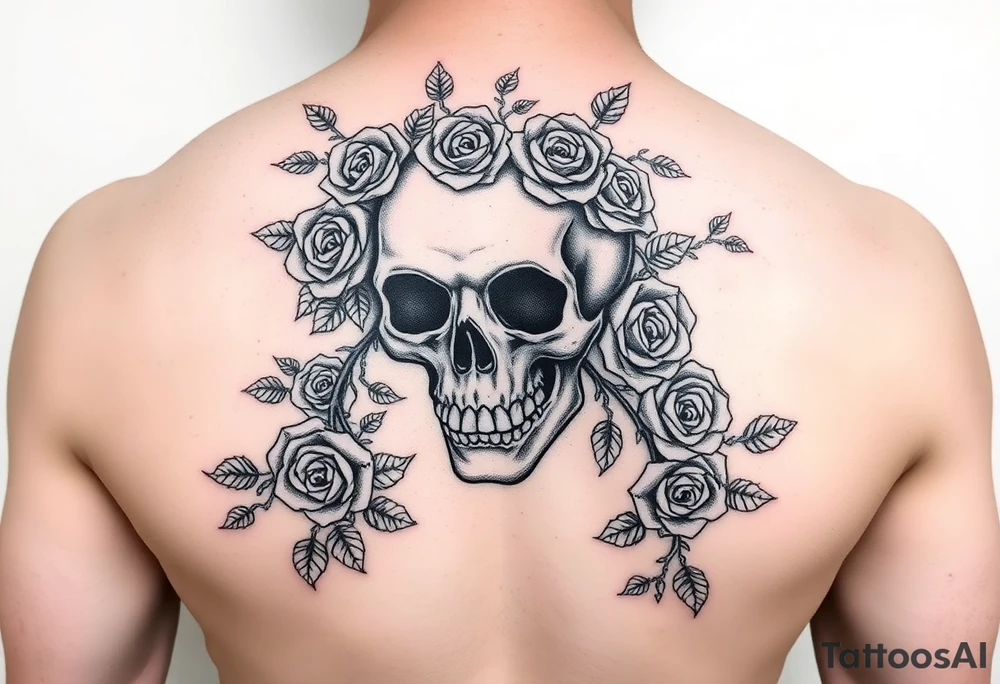 gothic skull intertwined with climbing roses and thorny vines tattoo idea