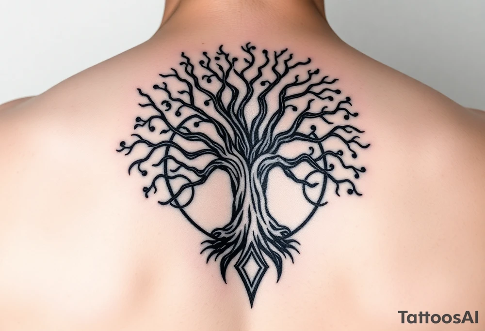 yggadrisl tree of life with circle. names Jai , Phoebe, Imogen, Matilda in the circle tattoo idea
